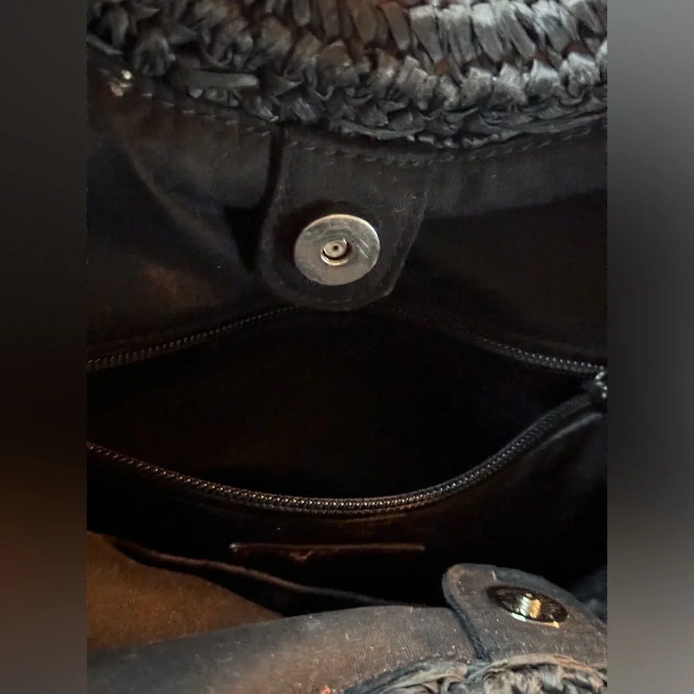 J Crew Black Woven Straw Bag Dual round wooden handles Large Bag Fully Lined